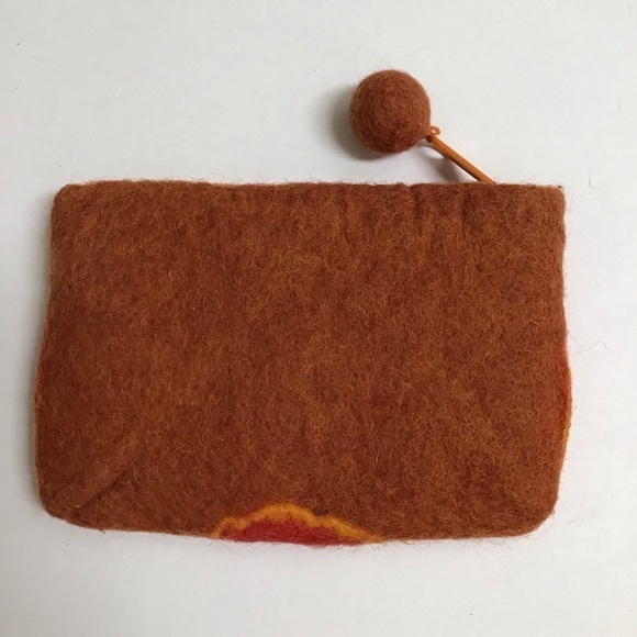 Artisan Wool Felt Orange Red Hibiscus Flower Zip Coin Purse 4x6” Hawaii Pom Pom - Picture 3 of 8
